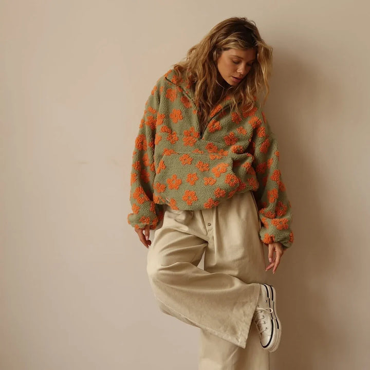 Fanchon | Women's Floral Print Quarter-Zip Sweater