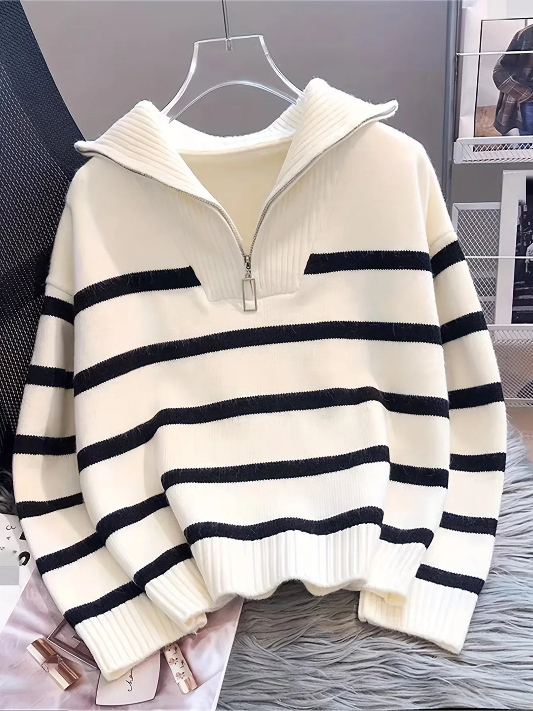Mauricette | Women's Quarter-Zip Striped Sweater