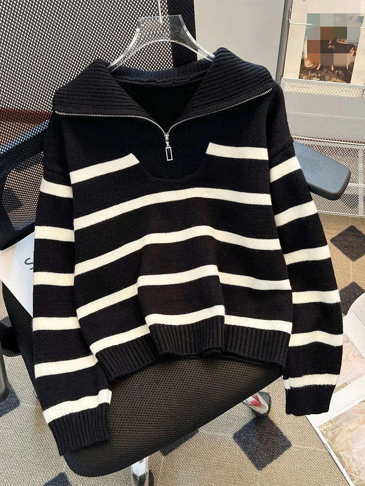 Mauricette | Women's Quarter-Zip Striped Sweater