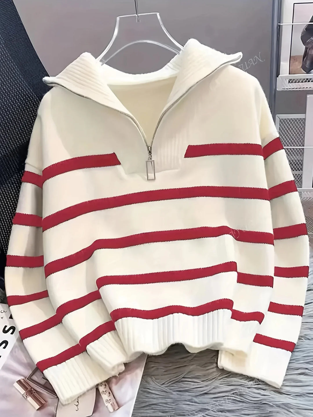 Mauricette | Women's Quarter-Zip Striped Sweater