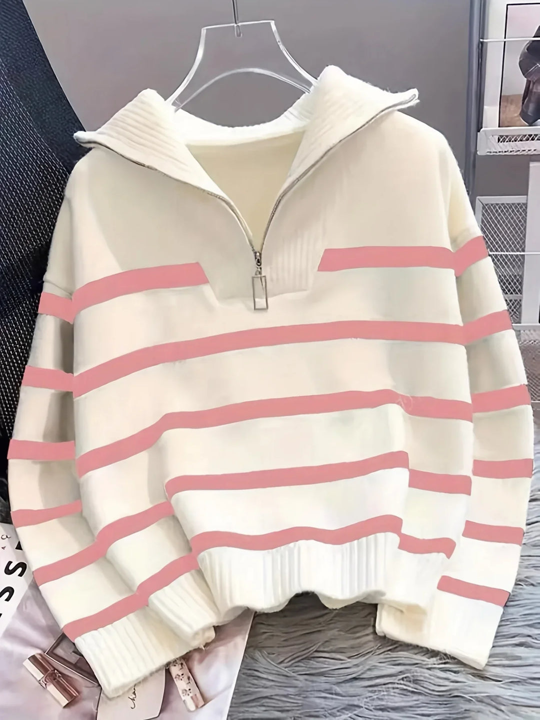 Mauricette | Women's Quarter-Zip Striped Sweater