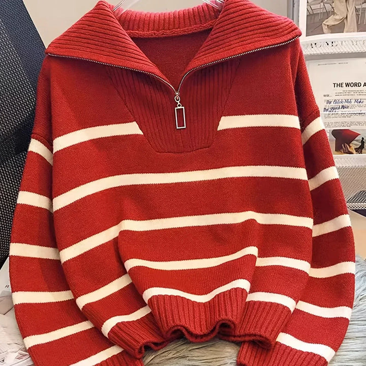 Mauricette | Women's Quarter-Zip Striped Sweater