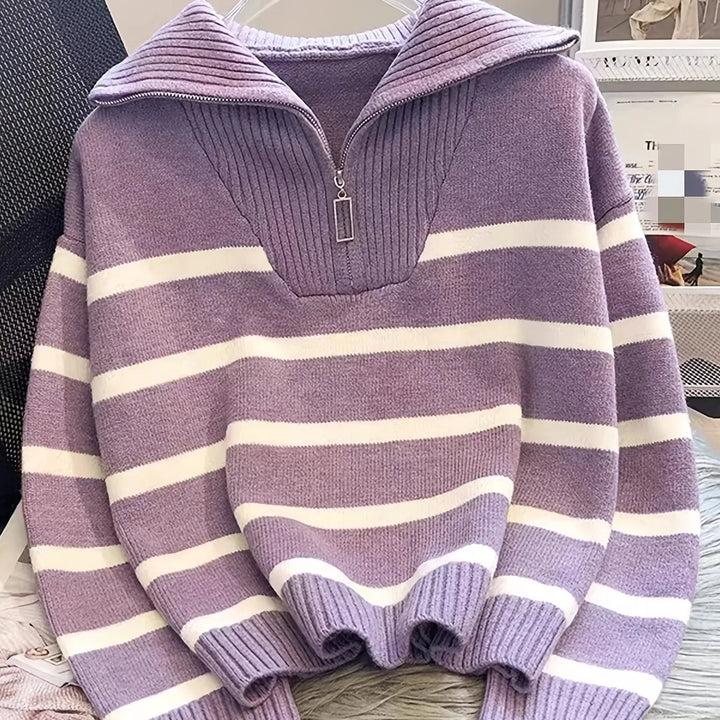 Mauricette | Women's Quarter-Zip Striped Sweater