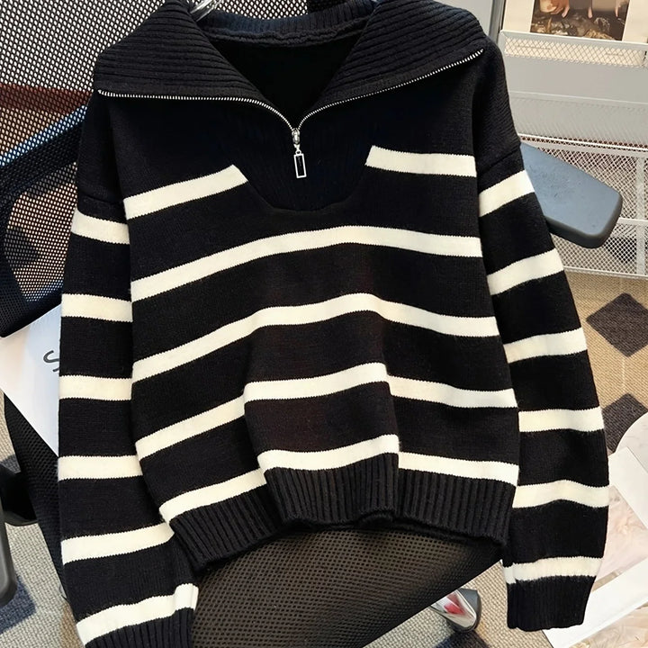 Mauricette | Women's Quarter-Zip Striped Sweater