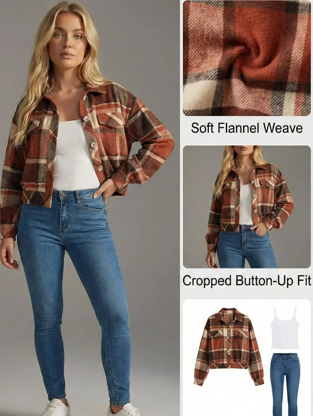 Roseline | Women's Cropped Check Shacket with Button Front
