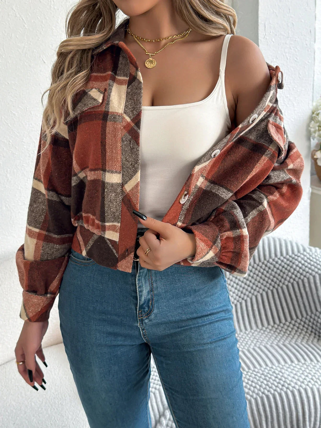 Roseline | Women's Cropped Check Shacket with Button Front