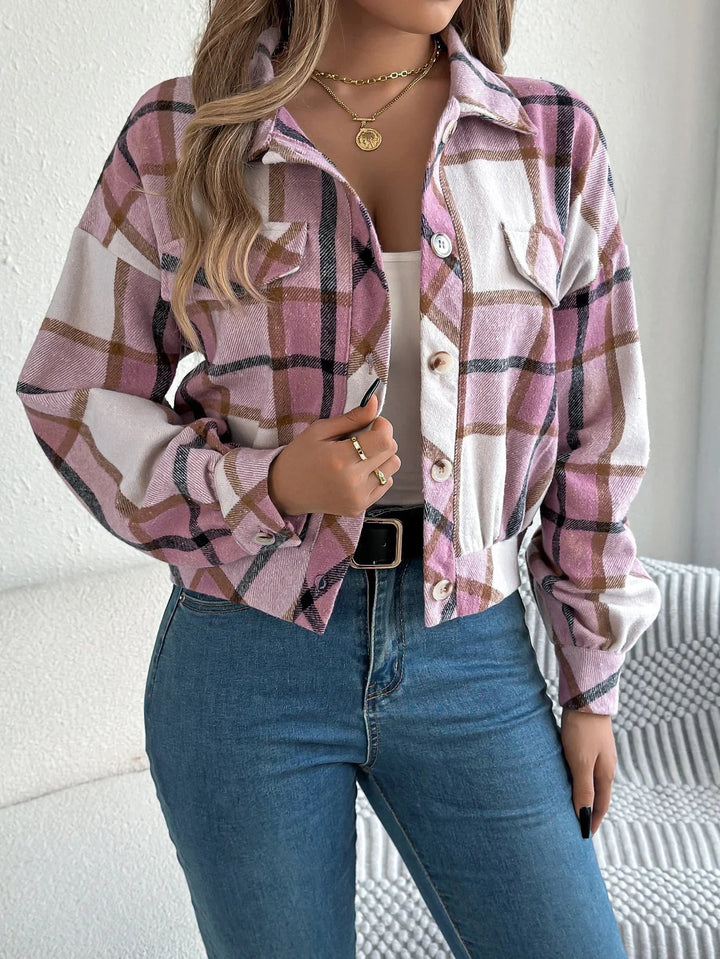 Roseline | Women's Cropped Check Shacket with Button Front