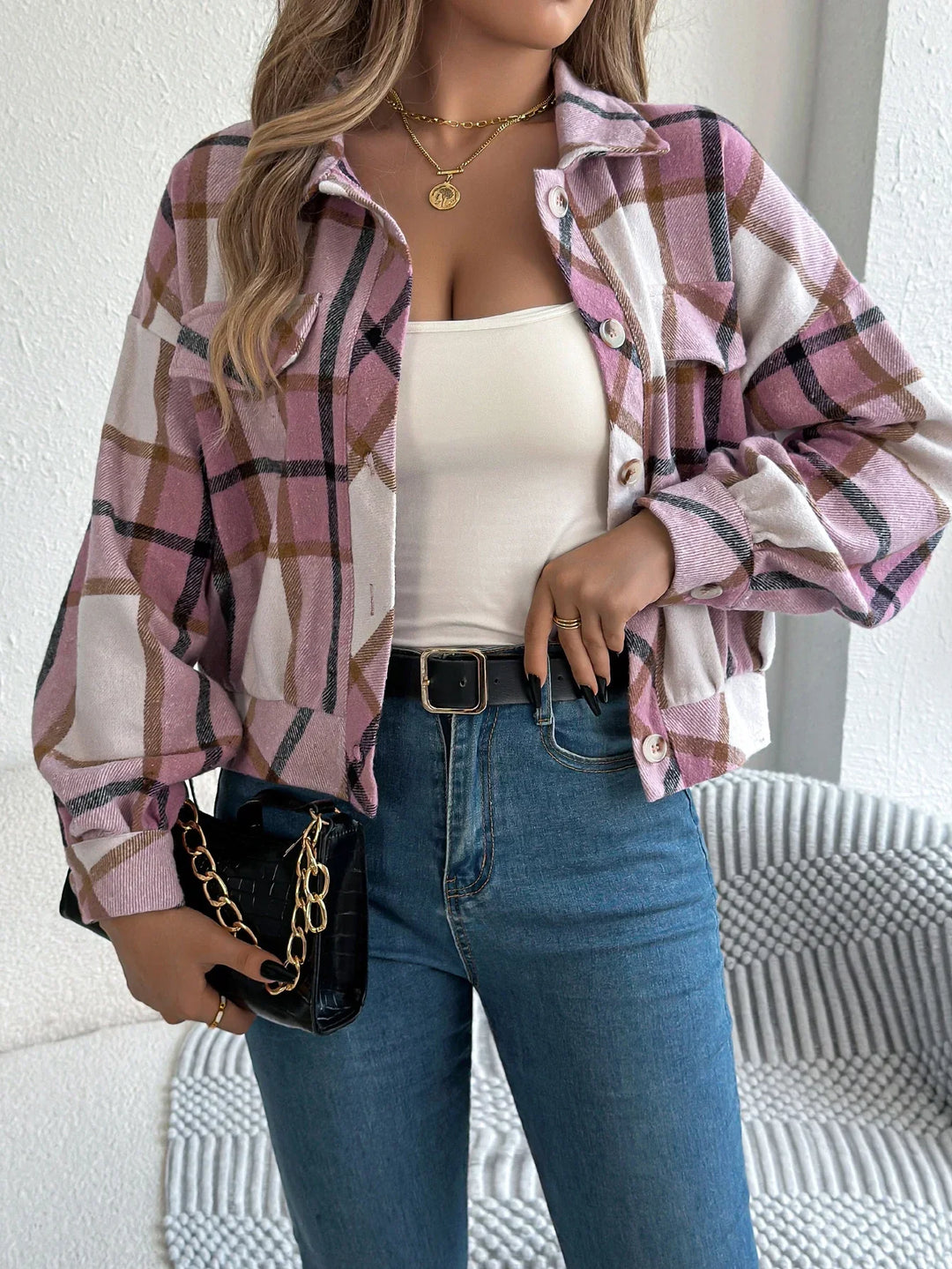 Roseline | Women's Cropped Check Shacket with Button Front