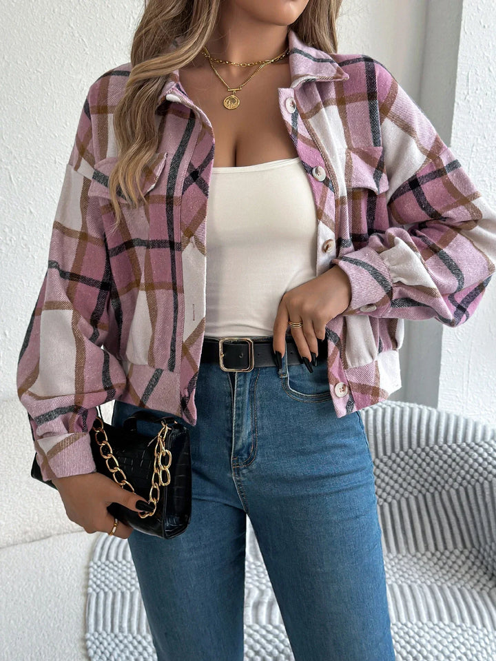 Roseline | Women's Cropped Check Shacket with Button Front