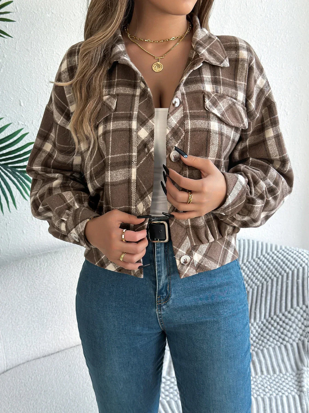 Roseline | Women's Cropped Check Shacket with Button Front
