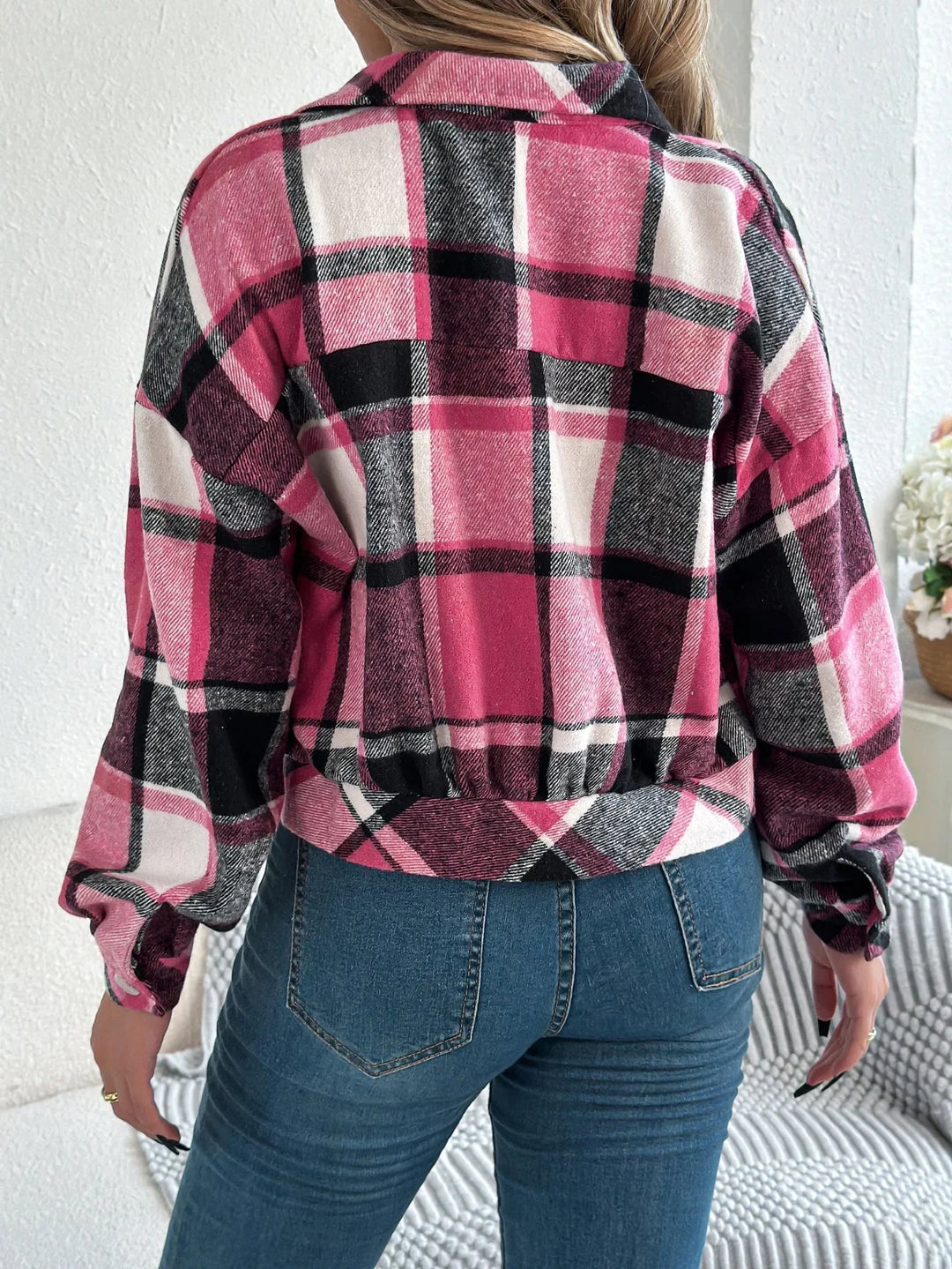 Roseline | Women's Cropped Check Shacket with Button Front