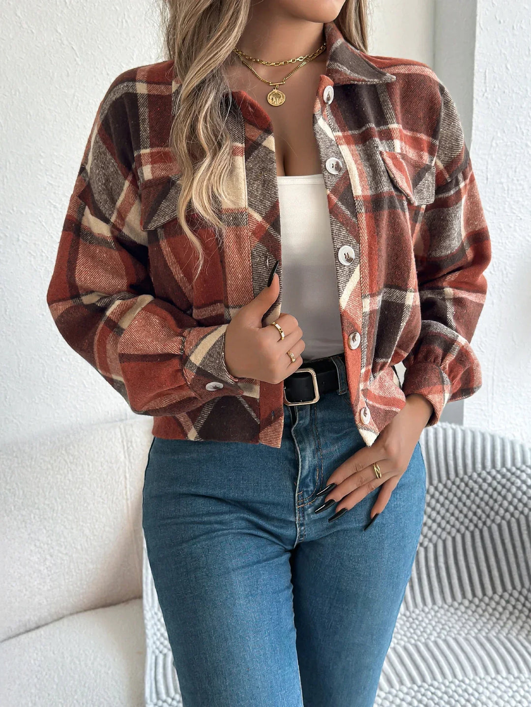 Roseline | Women's Cropped Check Shacket with Button Front