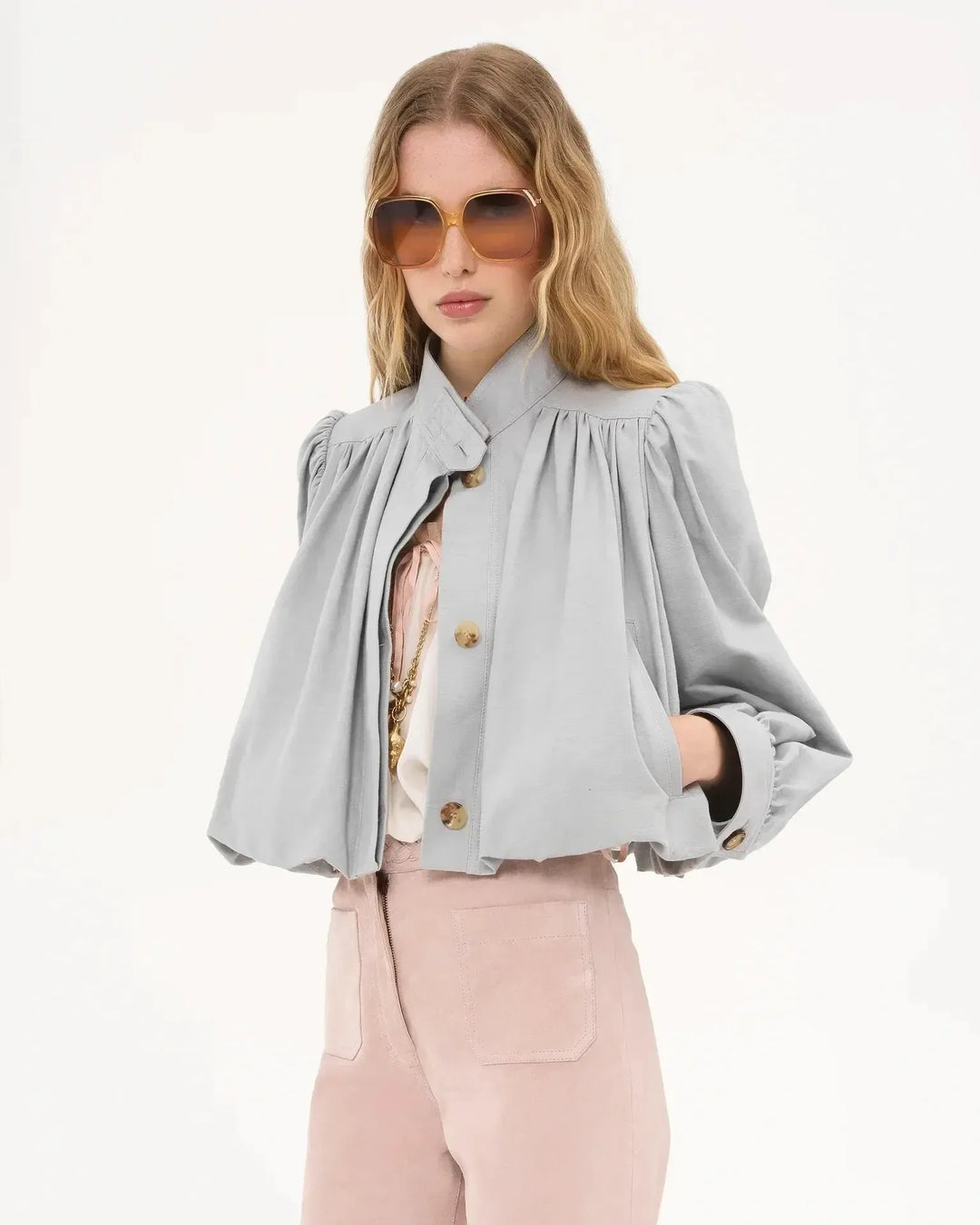 Rozenn | Women's Cropped Jacket with Gathered Puff Sleeves