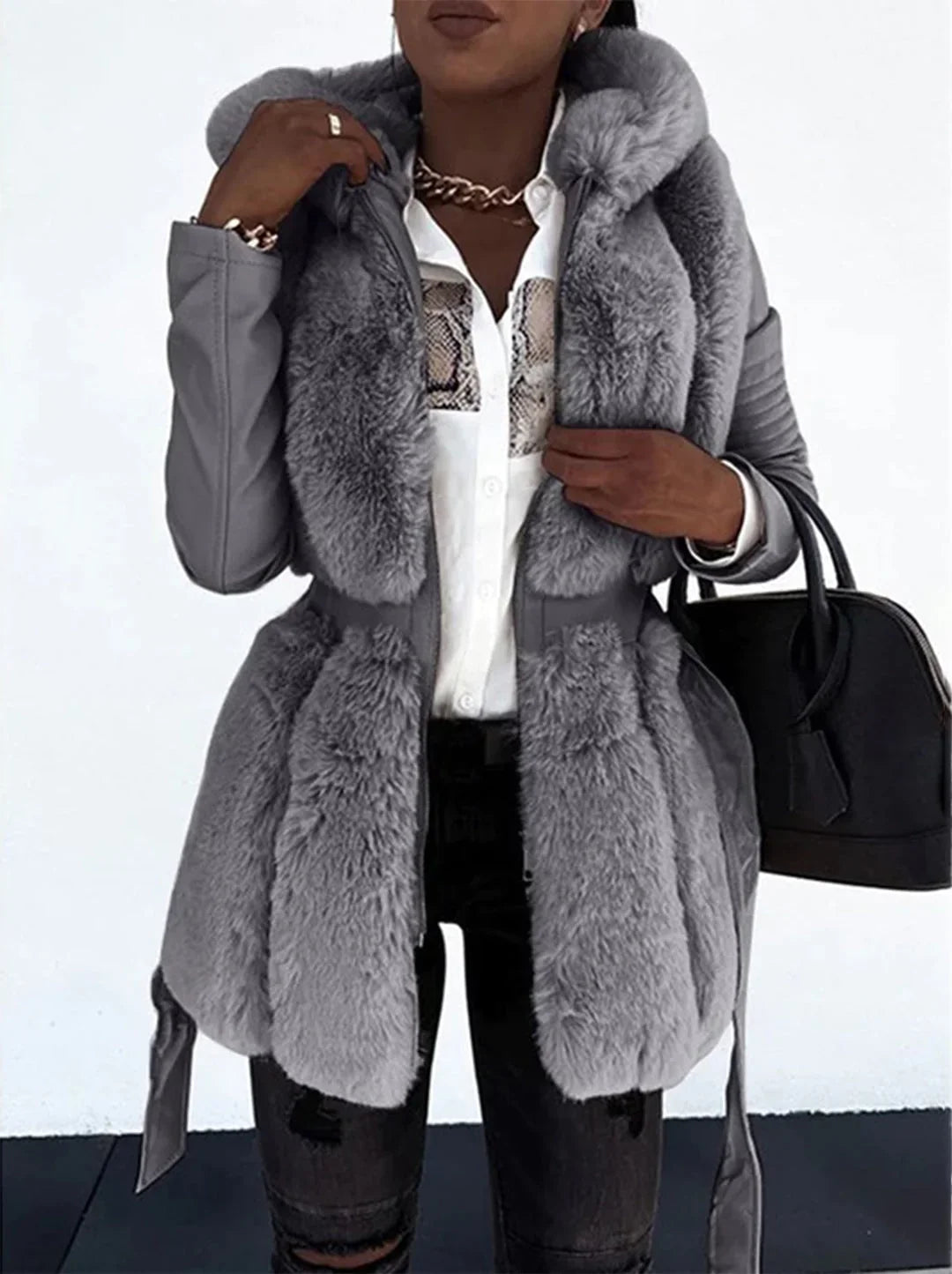Quitterie | Women's Belted High-Pile Coat with Oversized Collar