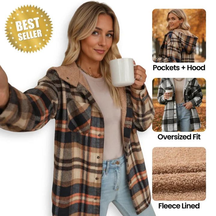 Coralie | Women's Oversized Hooded Check Shacket with Chest Pockets