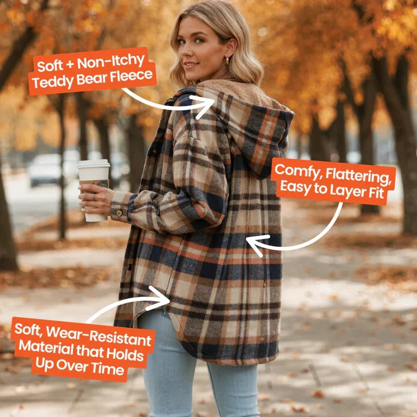 Coralie | Women's Oversized Hooded Check Shacket with Chest Pockets