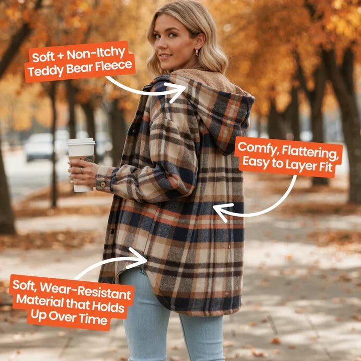 Coralie | Women's Oversized Hooded Check Shacket with Chest Pockets
