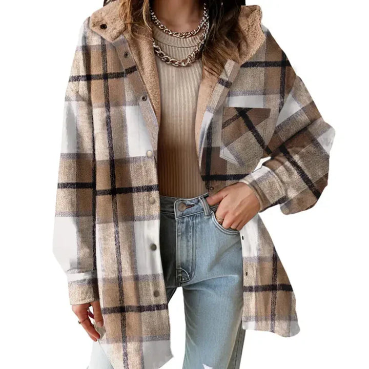 Coralie | Women's Oversized Hooded Check Shacket with Chest Pockets