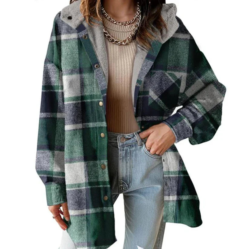 Coralie | Women's Oversized Hooded Check Shacket with Chest Pockets