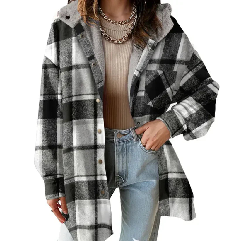 Coralie | Women's Oversized Hooded Check Shacket with Chest Pockets