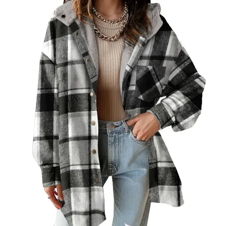 Coralie | Women's Oversized Hooded Check Shacket with Chest Pockets