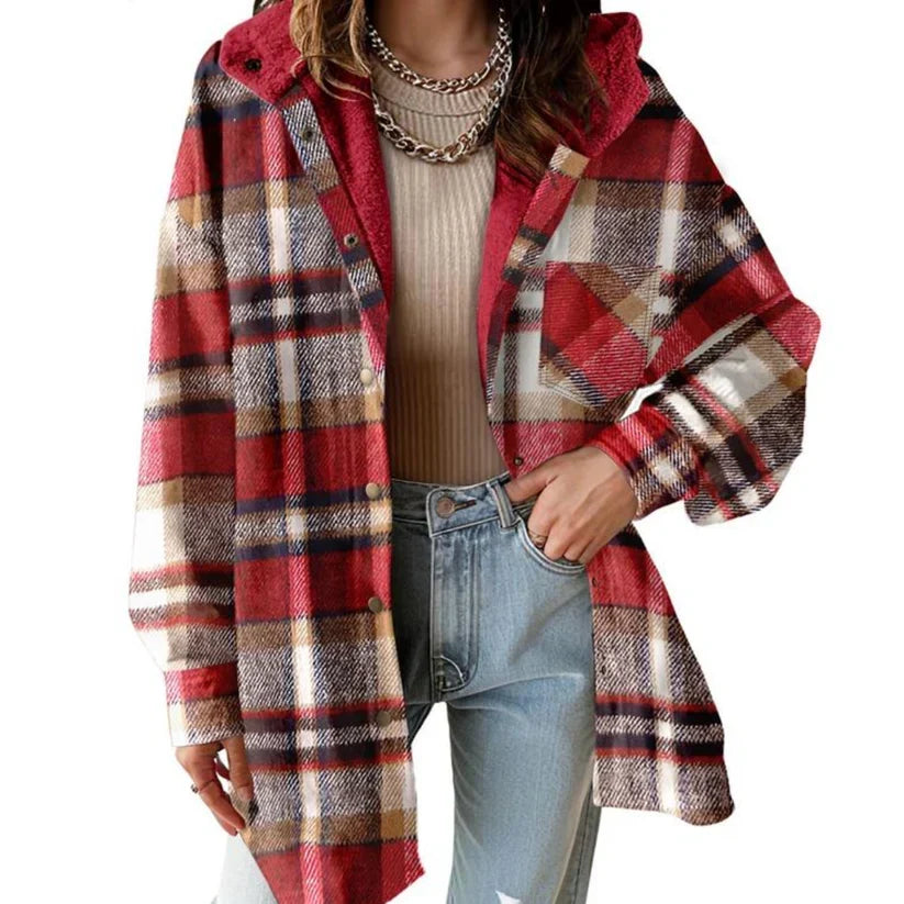 Coralie | Women's Oversized Hooded Check Shacket with Chest Pockets