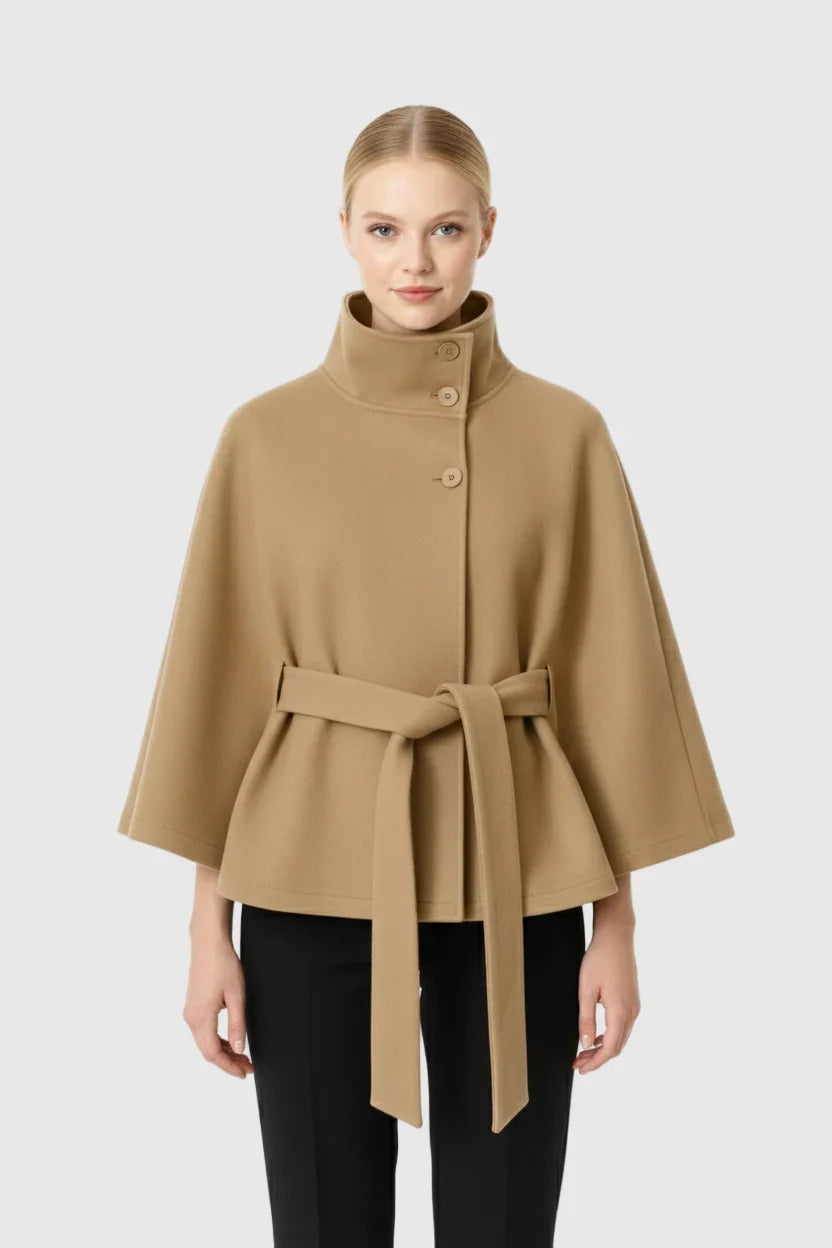 Isabeau | Women's Belted Cape Coat with Funnel Neck