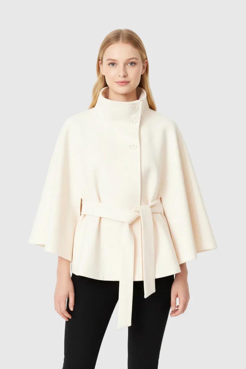 Isabeau | Women's Belted Cape Coat with Funnel Neck