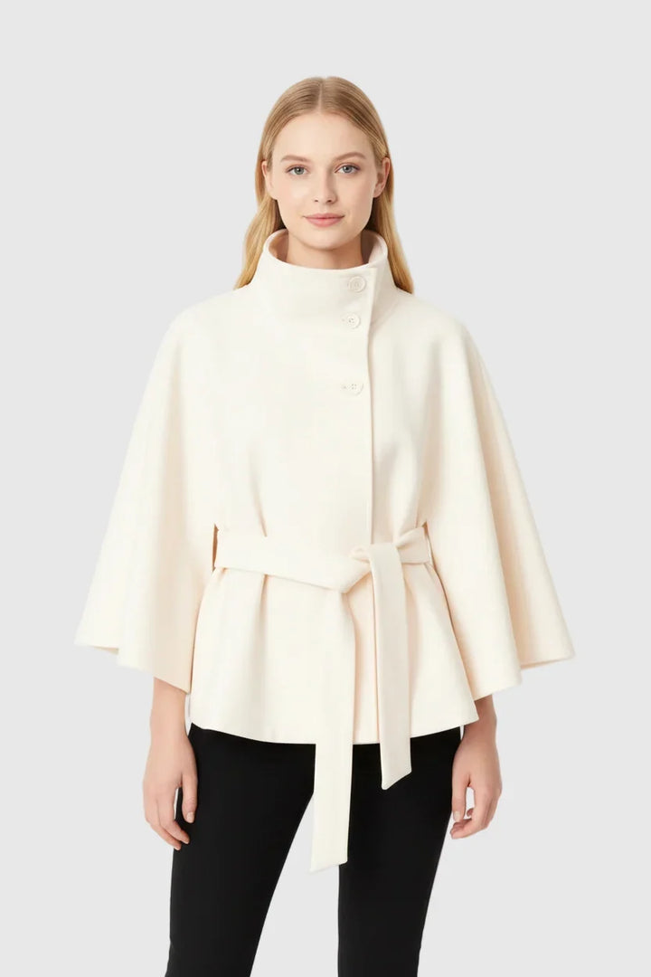 Isabeau | Women's Belted Cape Coat with Funnel Neck