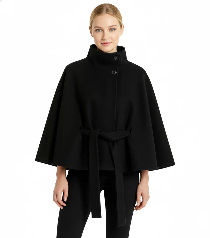 Isabeau | Women's Belted Cape Coat with Funnel Neck