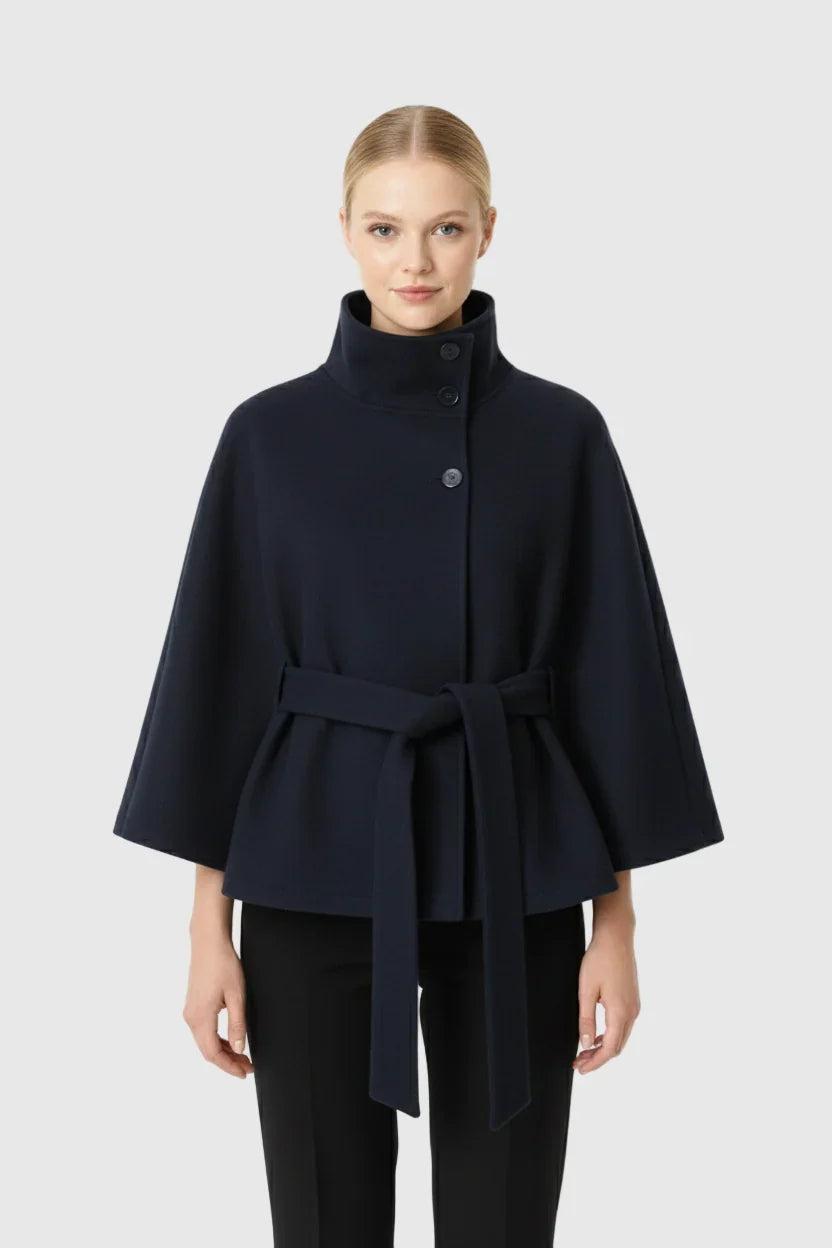 Isabeau | Women's Belted Cape Coat with Funnel Neck