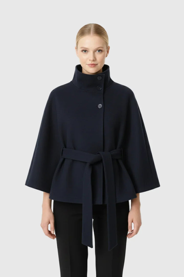 Isabeau | Women's Belted Cape Coat with Funnel Neck