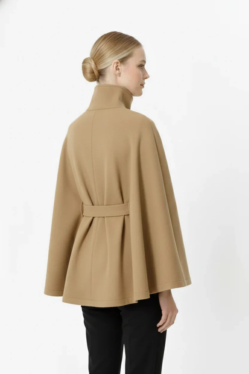 Isabeau | Women's Belted Cape Coat with Funnel Neck