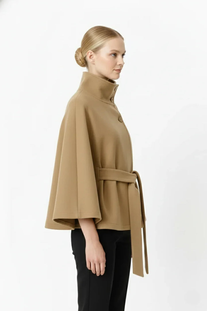 Isabeau | Women's Belted Cape Coat with Funnel Neck
