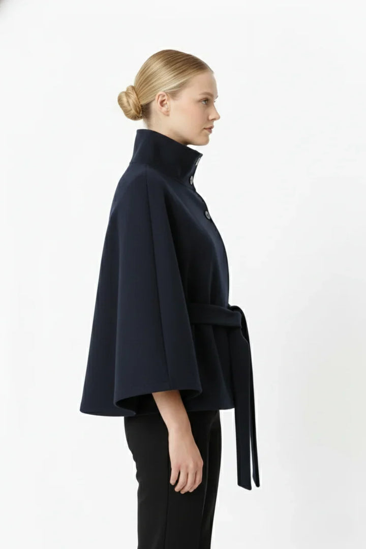 Isabeau | Women's Belted Cape Coat with Funnel Neck
