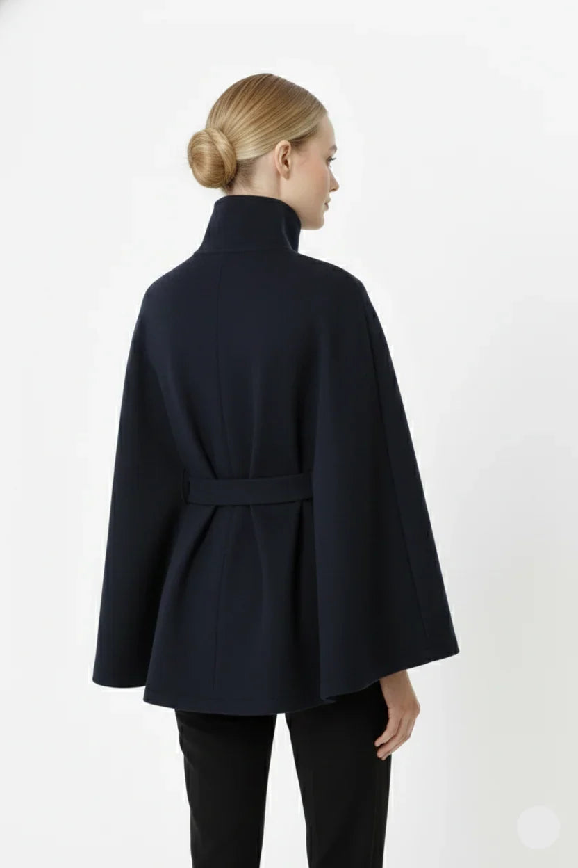 Isabeau | Women's Belted Cape Coat with Funnel Neck