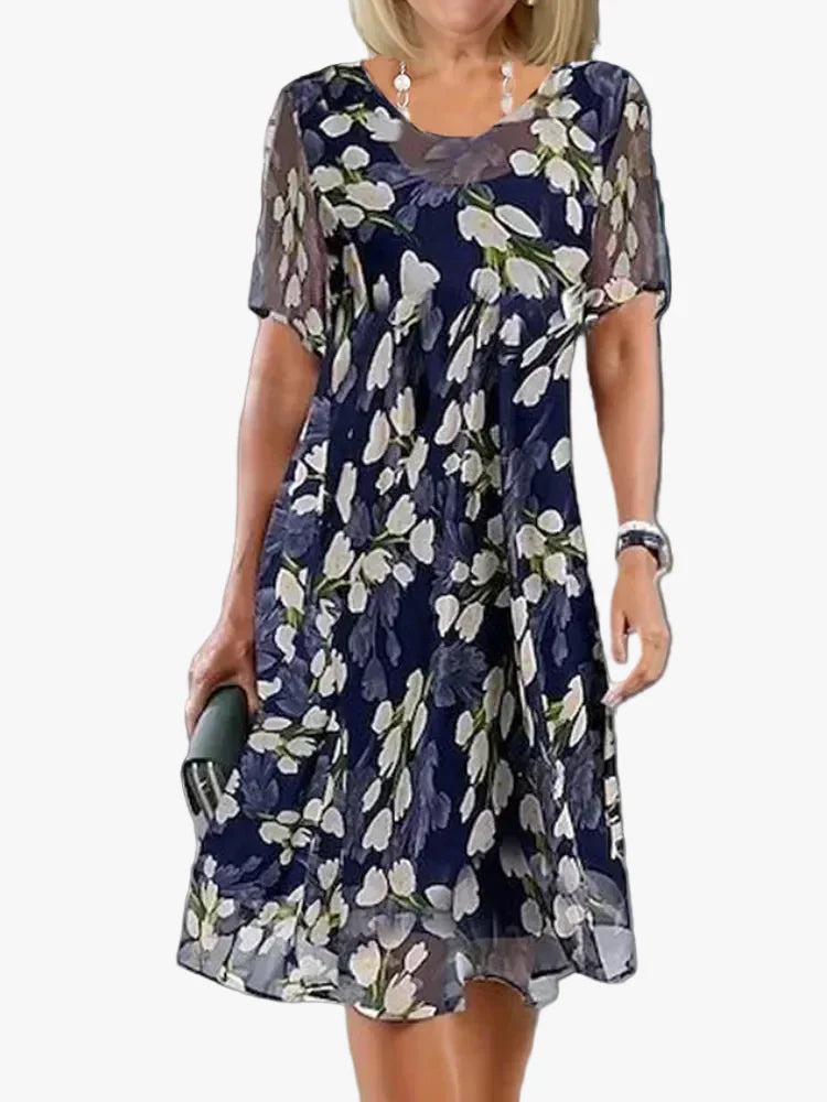 Women's A-Line woven midi dress with V neck and elbow sleeves Women's A-Line woven midi dress with V neck and elbow sleeves