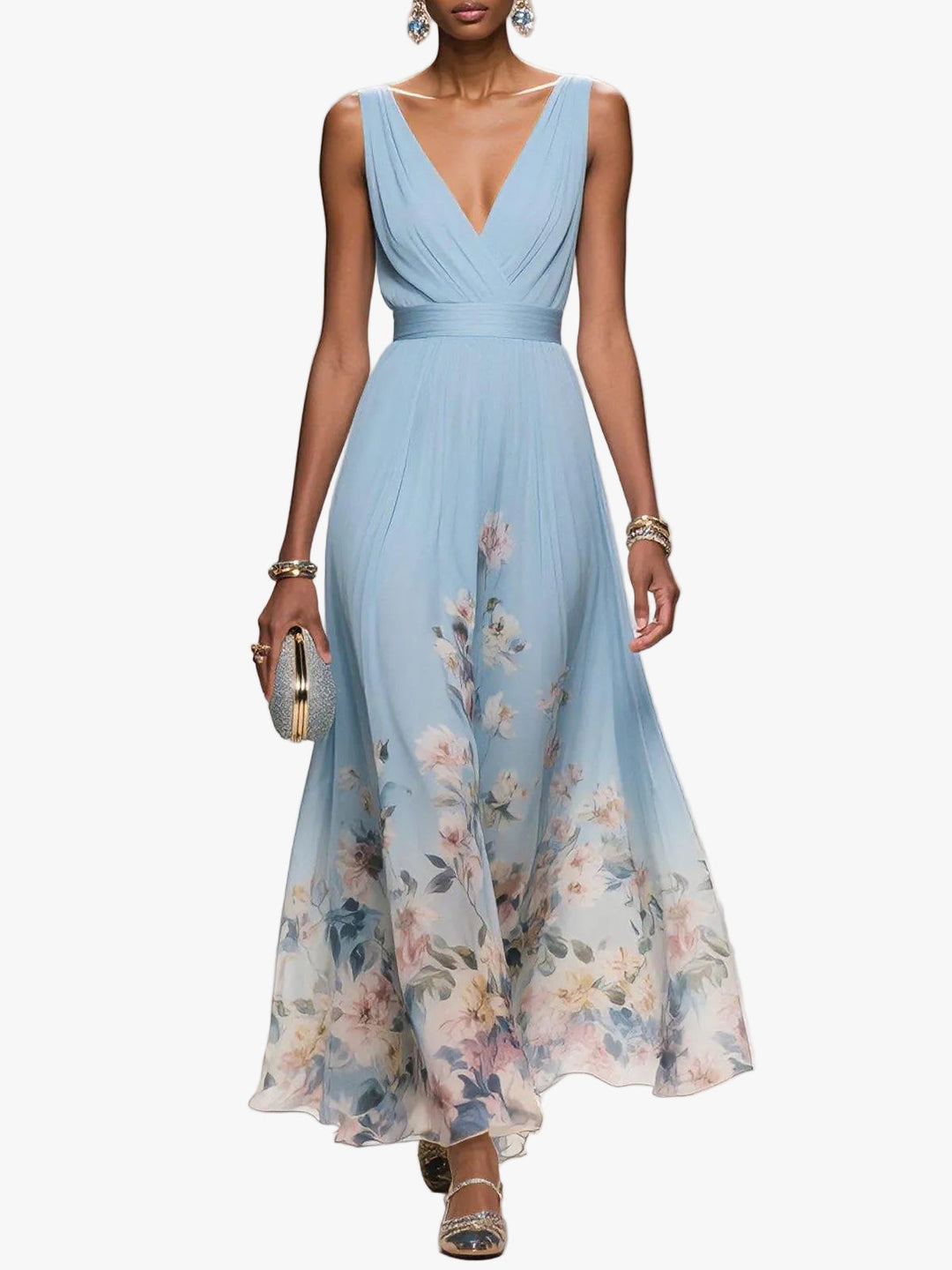 ladies chiffon maxi dresses Vbvc Women's Floral V-Neck Chiffon Maxi Dress,Ladies Long Sleeve Smocked Waist Slit Flowy Dress,Wedding Guest Summer Party Wear for Women,Black,S-2XL,