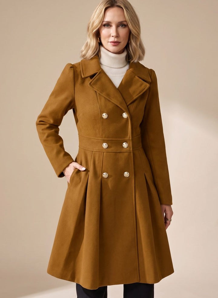 Sylviane | Women's Double-Breasted Pleated A-Line Coat with Gold Buttons