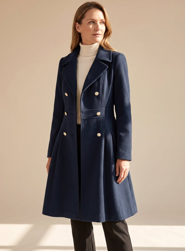 Sylviane | Women's Double-Breasted Pleated A-Line Coat with Gold Buttons