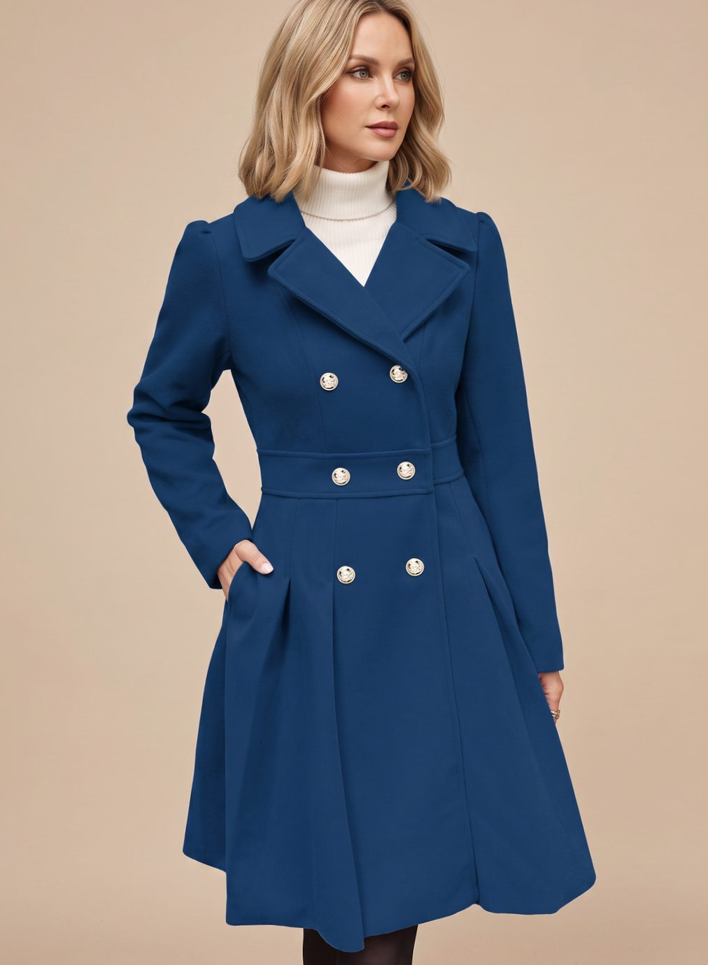 Sylviane | Women's Double-Breasted Pleated A-Line Coat with Gold Buttons