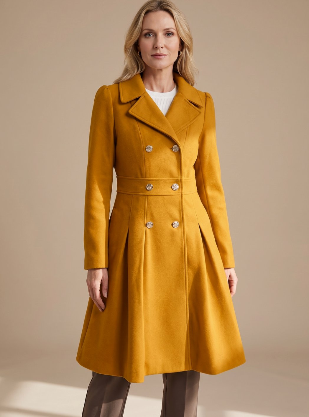 Sylviane | Women's Double-Breasted Pleated A-Line Coat with Gold Buttons