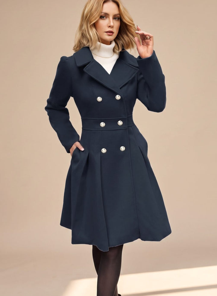 Sylviane | Women's Double-Breasted Pleated A-Line Coat with Gold Buttons