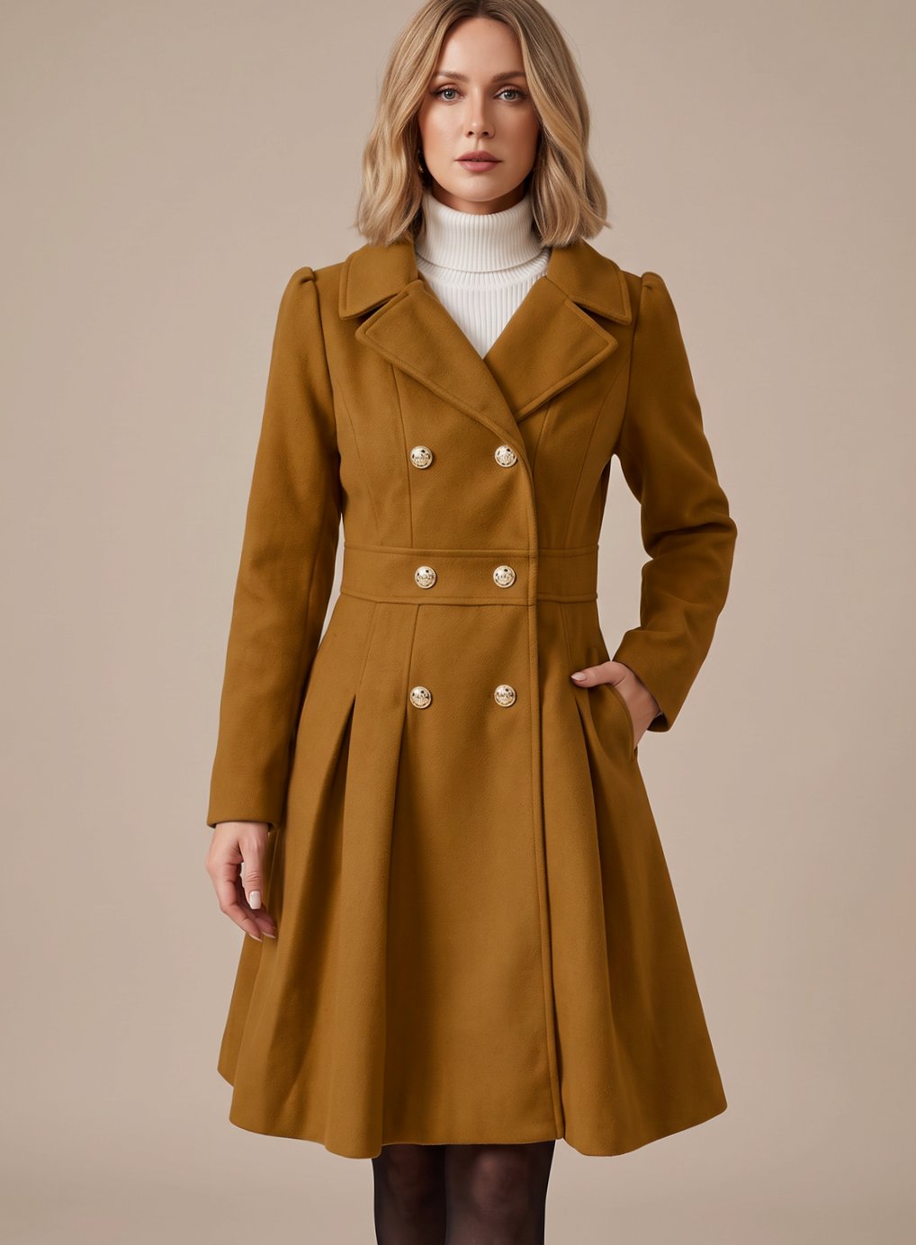 Sylviane | Women's Double-Breasted Pleated A-Line Coat with Gold Buttons