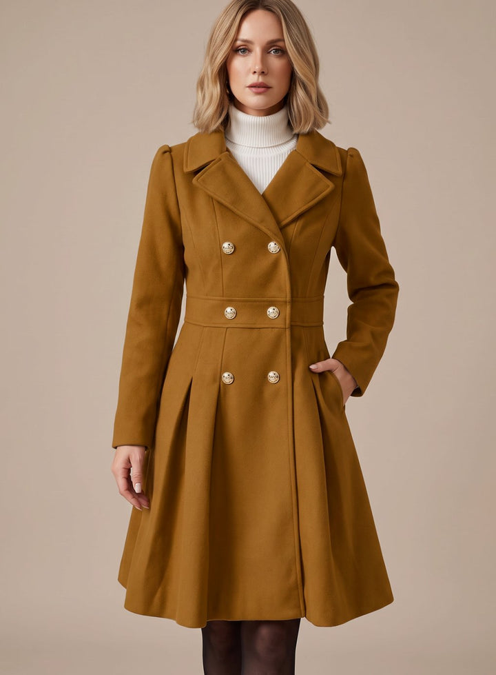Sylviane | Women's Double-Breasted Pleated A-Line Coat with Gold Buttons