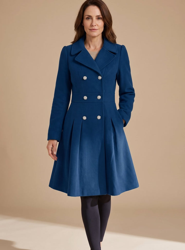 Sylviane | Women's Double-Breasted Pleated A-Line Coat with Gold Buttons