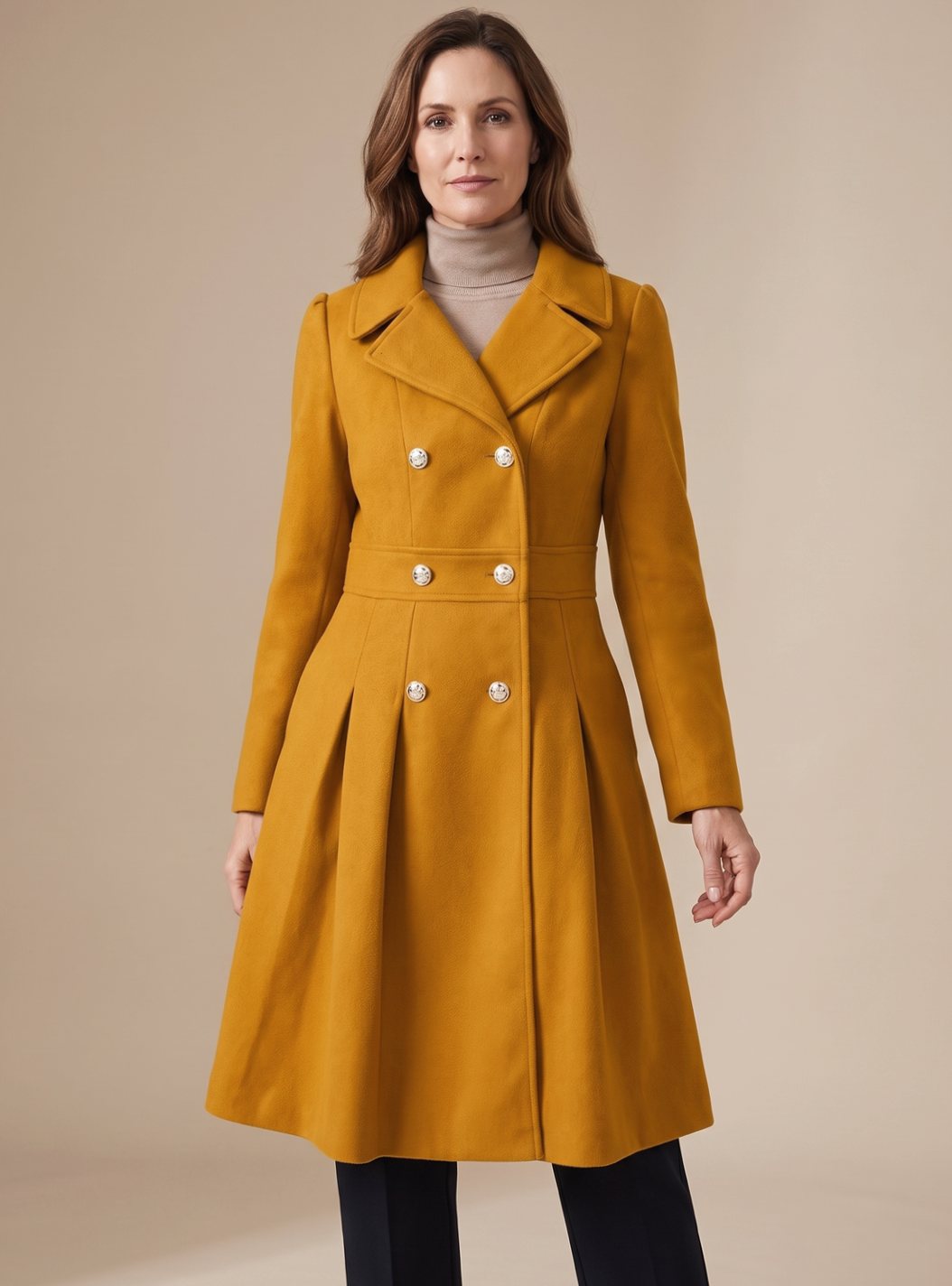 Sylviane | Women's Double-Breasted Pleated A-Line Coat with Gold Buttons