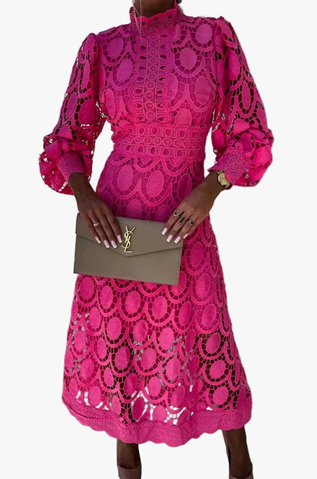 womens-formal-lace-midi-dress-with-stand-collar-and-puff-sleeves-1