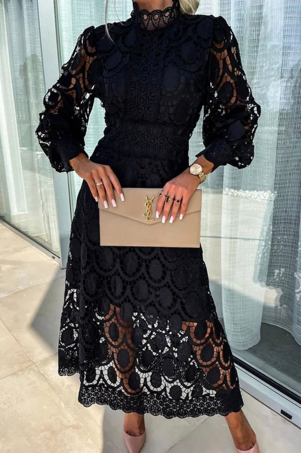 womens-formal-lace-midi-dress-with-stand-collar-and-puff-sleeves-4