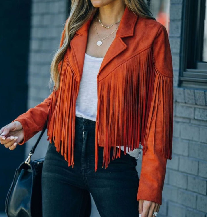 Eulalie | Women's Fringed Cropped Moto Jacket with Zip Front